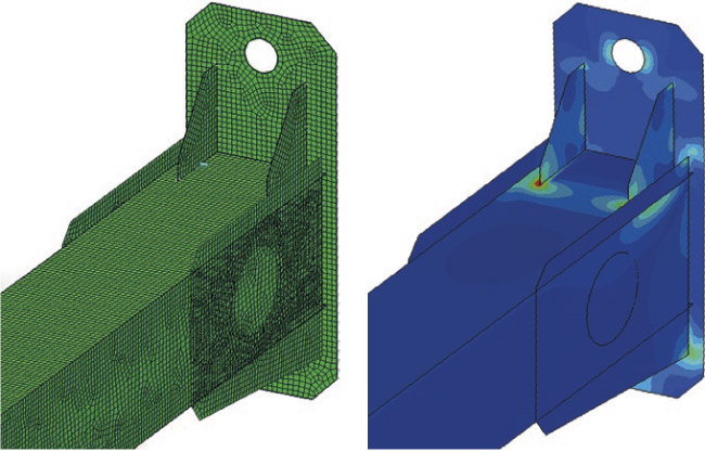 起升/吊裝裝置。左圖: 表面望格; 右圖: von Mises stress
